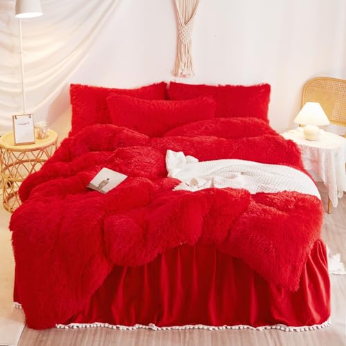 HAIHUA Plush Red Comforter Cover Queen Set, Soft Shaggy Faux Fur Red Bedding Queen Set 3 Pieces (1 Fluffy Duvet Cover + 2 Fuzzy Pillow Cases) Furry Bed Set, Zipper Closure HAIHUA