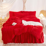 HAIHUA Plush Red Comforter Cover Queen Set, Soft Shaggy Faux Fur Red Bedding Queen Set 3 Pieces (1 Fluffy Duvet Cover + 2 Fuzzy Pillow Cases) Furry Bed Set, Zipper Closure HAIHUA