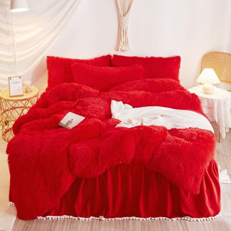 HAIHUA Plush Red Comforter Cover Queen Set, Soft Shaggy Faux Fur Red Bedding Queen Set 3 Pieces (1 Fluffy Duvet Cover + 2 Fuzzy Pillow Cases) Furry Bed Set, Zipper Closure HAIHUA