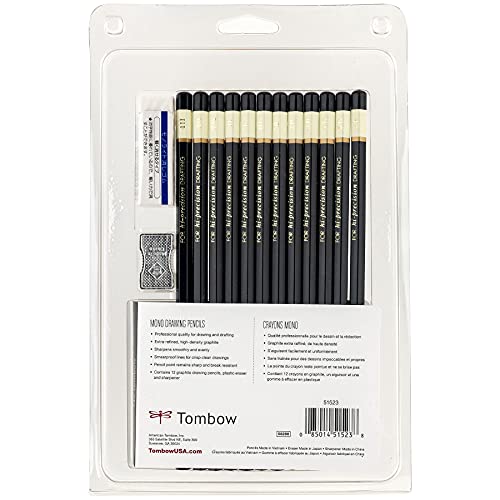 Tombow 51523 MONO Drawing Pencil Set, Assorted Degrees, 12-Pack. Professional Quality Graphite Pencil Set with Eraser and Sharpener Tombow