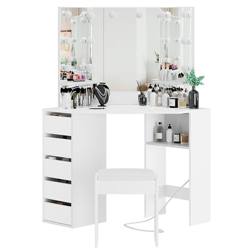 Knowfunn Corner Vanity Desk Set with 3-Folding Lighted Mirrors, Makeup Vanity Table with Charging Station, 5 Rotating Drawers and Storage Bench for Bedroom, White Knowfunn