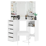 Knowfunn Corner Vanity Desk Set with 3-Folding Lighted Mirrors, Makeup Vanity Table with Charging Station, 5 Rotating Drawers and Storage Bench for Bedroom, White Knowfunn