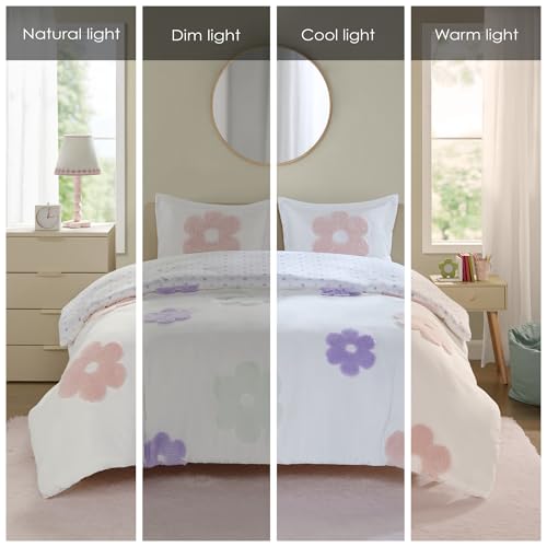 Intelligent Design Kids Full Duvet Cover Set for Girls, Tufted Chenille Floral Duvet Set Queen, Lightweight Polka Dot Reversible Bedding Cover, Gracie, Full/Queen White/Purple 4 Piece Intelligent Design
