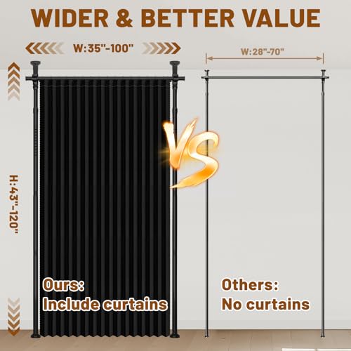 AJAZZ Room Divider Curtain (Black, W100 x L84 in, 1 Panel)+ Tension Curtain Rod No Drilling (H) 43-120×(W) 35-100 in, for Privacy/Soundproof Curtains, Heavy Duty Wall Separator AJAZZ
