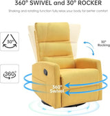 360° Swivel Rocker Recliner Chair for Small Spaces, Manual Recliner with Side Pockets for Petite Adults, Small Rocker Recliner for Living Room, Bedroom - Yellow