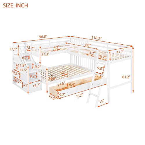 CITYLIGHT L-Shaped Bunk Bed for Kids, Solid WoodTriple Corner Bunk Bed with 3 Storage Drawers Attached a Twin Loft Bed,Bunk Beds with Stairs and Ladder for Boys Girls Teens,White CITYLIGHT