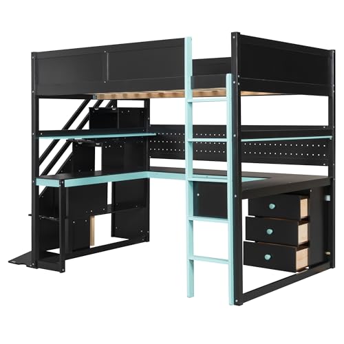 FUvellamo Full Size Gaming Loft Bed with Desk, Wood Gaming Loft Bed Frame with Storage Stairs, Drawers, Shelves & Pegboard, Esports Gaming Loft Bed for Kids, Teens, Adults, Black+Blue FUvellamo