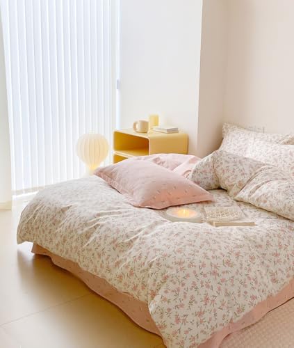 Bildenly Twin Size Duvet Cover Pink Floral on Side A, Pink & Small Flowers on Side B, Comforter Cover Soft & Lightweight Microfiber Quilt Cover with Zipper Closure and 1 Pillowcase Bildenly