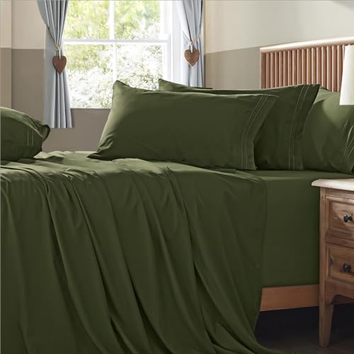 Homiest Extra Deep Pocket Queen Size Sheets Set, 6 Pieces Soft Olive Green Sheets 18-24 Inch Deep Pocket Bed Sheets, Hotel Luxury 1800 Thread Count Microfiber Bed Set Fits Ultra Deep Mattress Homiest