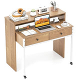Tangkula Extendable Computer Desk with 2 Drawers, Small Writing Desk with Pull Out Secondary Desk, Console Table, Wood Study Workstation, Laptop Desk for Small Space Home & Office (Natural) Tangkula