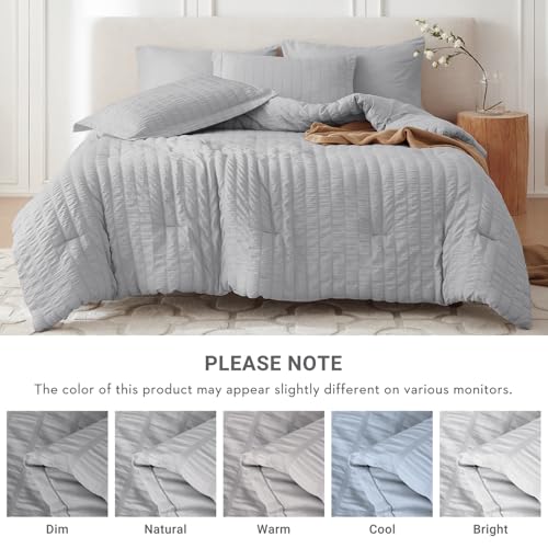 MUXHOMO 7 Pieces Queen Comforter Set, Seersucker Bed in a Bag Queen Size, All Season Luxury Bedding Set with Comforter, Flat Sheet, Fitted Sheet, Pillowcases & Shams, Light Grey MUXHOMO