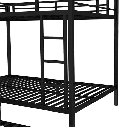Bellemave Metal Bunk Bed with Trundle, Full Over Full Bunk Trundle and Guardrail and Ladder for Kids/Teenagers, Adults, No Box Spring Needed，Black Bellemave