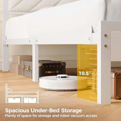 Seventable Bed Frame Full Size with Charging Station, LED Bed with Upholstered Storage Headboard, Metal Platform Bed with Under Bed Storage, No Box Spring Needed, Noise Free, Easy Assembly, White Seventable