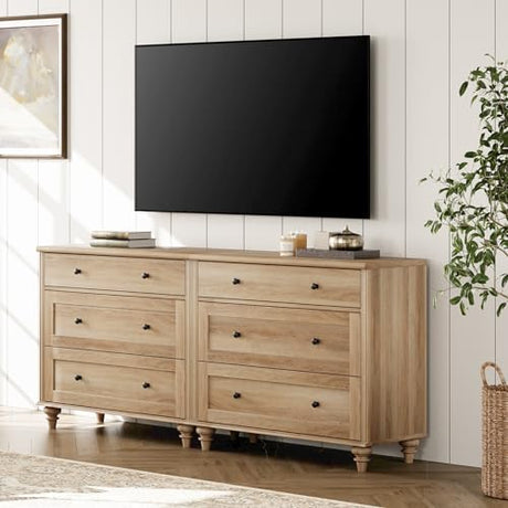 WAMPAT Dresser for Bedroom with 6 Drawers, Oak Kids Dressers with Wide Chest of Drawers, Mid Century Modern Wooden Closet Storage Organizer, Large Wood Dressers for Living Room, Nursery, Hallway WAMPAT