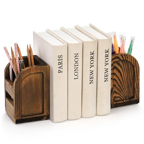 Nicunom 2 Pcs Bookends for Shelves, 2-in-1 Wooden Bookend with Desk Supply Holds, Non-Skid Book Ends Book Stopper, Sturdy Book Holder Organizer Decorative Bookends for Home Office