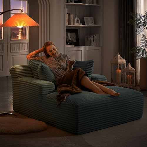 49.2" Full Foam Oversized Chaise Lounge Chair Cozy Cloud Couch , Modern Plush Corduroy Upholstered Sleeper Sofa Daybed with 3 Throw Pillows and Wide Armrest for Living Room , No Assembly Required Eafurn