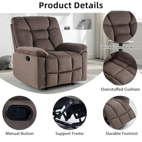 EBELLO Manual Recliner Chair for Adults with Soft Padded Headrest and Backrest, Overstuffed Single Recliner Sofa Chair for Living Room, Dark Brown EBELLO