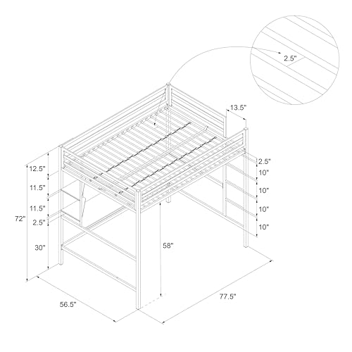 Novogratz Maxwell Grey/Black Metal Full Loft Bed with Integrated Desk & Shelves - WoodArtSupply