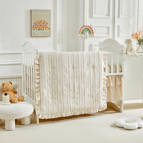 3 Pieces Tufted Stripes Crib Bedding Set with Ruffle Fringe, Beige Ruffled Comforter with Fitted Sheet and Bed Skirt , Soft and Embroidery Shabby Chic Boho Bohemian Jacquard Design for Baby Girls Boys Flysheep