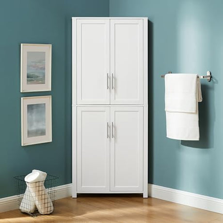 Crosley Furniture Savannah Traditional Corner Pantry Storage Cabinet with Shelves, Kitchen, Dining, Laundry, White Crosley Furniture