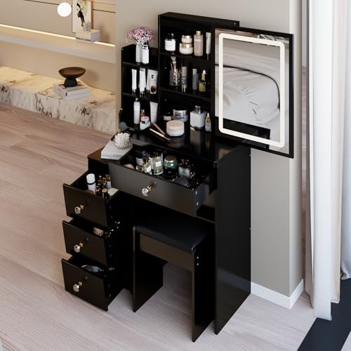 Montary 29.2" Small Size Vanity Desk Set with Plush Cushioned Stool - Sliding Mirror with Adjustable LED Light, Drawers, Multi-Layer & Hidden Storage,Practical & Stylish, Black Montary