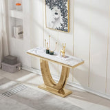 Goujxcy 47"" Marble Console Table Luxury Gold Sofa Table with Geometric U-Shape Stainless Steel Pedestal Modern Long Console Sofa Table White Marble Entryway Hall Table for Living Room Hallway Goujxcy