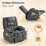 Rocker Recliner Chair with Massage and Heat, Recliner Chair for Adults, Nursery Rocking Chairs for Living Room, Ergonomic Comfy Relining Chair with Cup Holders, USB Charge Port, Side Pockets, Grey