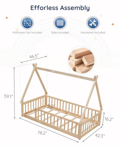 Tatub Twin Montessori House Floor Bed Frame with Rails and Roof - Nature-Inspired Kids Teepee Bed Tatub