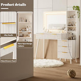 Vanity Desk with Mirror and Lights, Makeup Vanity Desk with Power Outlet, Makeup Desk with 5 Drawers&Storage Shelves, Vanity Table 3 Color Modes Adjustable Brightness Dressing Table Set for Bedroom INNOD