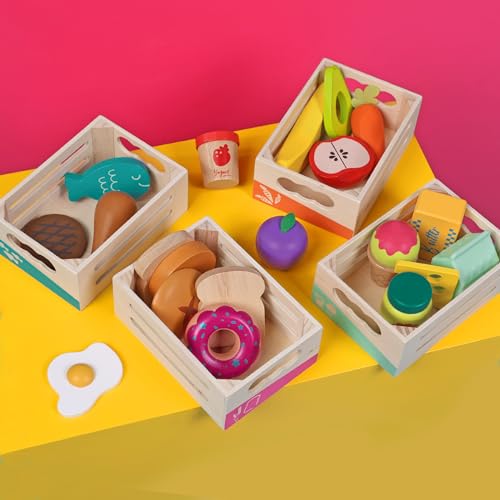 B. toys- Little Foodie Groups- Pretend Play Wooden Play Food – Food Group Crates – 24 Play Kitchen Accessories – Educational Toys for Kids – 3 Years + B. toys