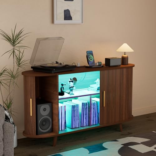 Hretanant Vinyl Record Player Stand with LED Lights & Charging Station, Large Record Holdert with Sliding Door for Turntable, Speakers, Modern Media Cabinet for Living Room Bedroom (Walnut, 55in) Hretanant