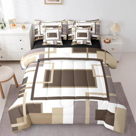 Erosebridal 7Pcs Khaki Square Geometric Comforter Set Twin,Minimalist Striped Abstract Bed in A Bag for Women Men Adults,Modern Aesthetic Art Quilt Set with Pillowcases,Geometric Stripes Bedding Erosebridal