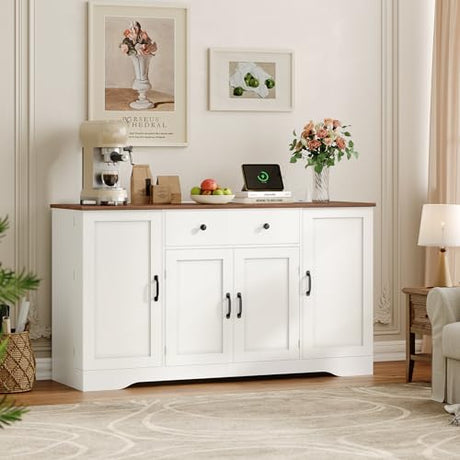 Brinlawb Buffet Cabinet with Storage & Charging Station, 53" Farmhouse Coffee Cabinet with Compartment Drawer, Sideboard Cabinets with Door and Adjustable Shelves for Kitchen, White Brinlawb