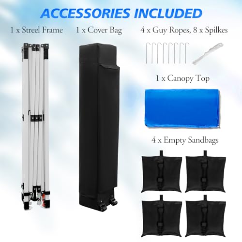 WEIZE Pop up Canopy Tent 10x10ft, 1-Button Push Setup, Instant Portable Shelter, Adjustable Height, Portable Roller Bag, 4 Weight Bags, Guy Ropes & Stakes Included Blue WEIZE