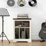 RowyPoey Farmhouse Record Player Stand, 3 Tier End Table, Turntable Stand with Vinyl Record Storage, Wood Record Holder Cabinet Dispaly Shelf for Living Room,Bedroom,Office,Antique White RowyPoey