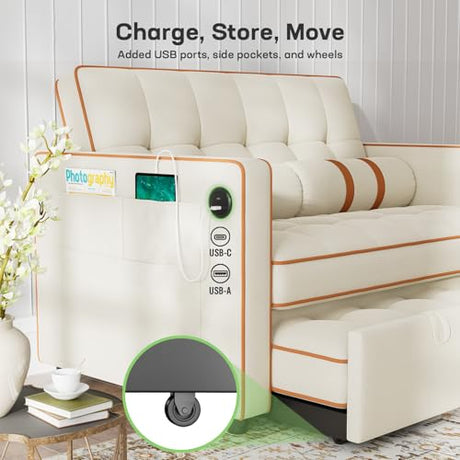 Marsail 3-in-1 Convertible Futon Sleeper Sofa Bed, Pull Out Couch with Adjustable Backrest, USB Charging & Side Pockets, Velvet Fabric Sofa Loveseat for Living Room, Apartment, Ivory White Marsail