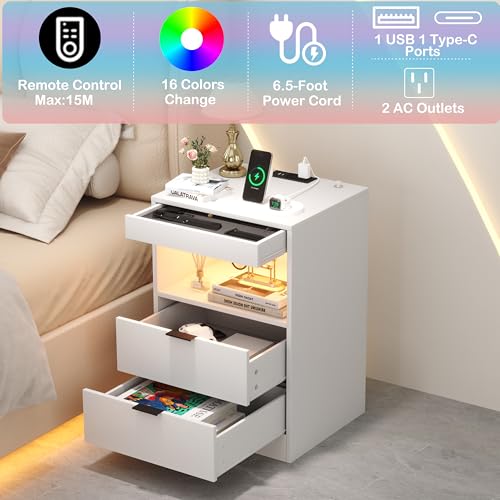 Yusong Night Stand with Gun Drawer & Invisible Lock, Bedside Table, LED Nightstand with Charging Station, Modern Night Stand, Wood Sofa Couch End Side Table with 2 Pull-Out Shelf, White Yusong