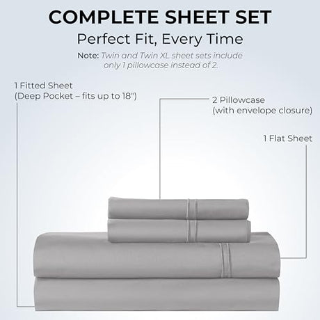 Mayil Manor 100% Natural Cotton Bed Sheets | 500 TC Single-Ply Sateen Weave Cal King Sheet Set | Breathable & Hypoallergenic Solid 4-Piece Bedding with Deep Pocket Fitted, Flat, Pillowcase | Grey Mayil Manor