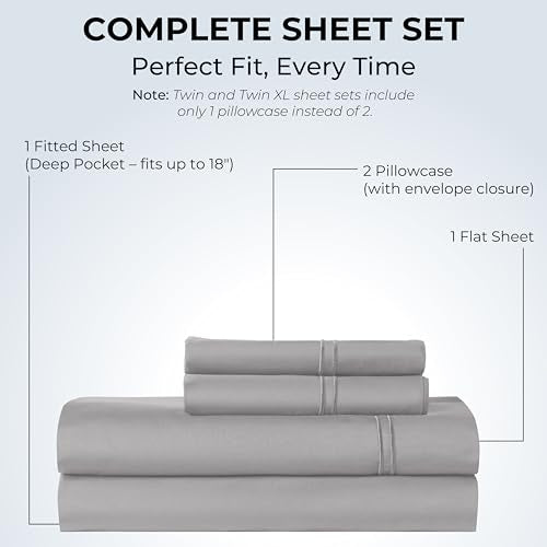 Mayil Manor 100% Natural Cotton Bed Sheets | 500 TC Single-Ply Sateen Weave King Size Sheets Set | Breathable & Hypoallergenic Solid 4-Piece Bedding with Deep Pocket Fitted, Flat, Pillowcase | Grey Mayil Manor