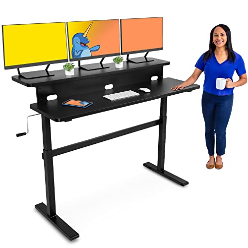 Stand Steady Tranzendesk | 55 Inch Dual Level Standing Desk with Shelf | Easy Crank Height Adjustable Sit to Stand Desk | Stand Up Workstation with Monitor Riser for Home & Office (55in / Black) Stand Steady