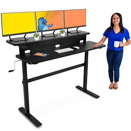 Stand Steady Tranzendesk | 55 Inch Dual Level Standing Desk with Shelf | Easy Crank Height Adjustable Sit to Stand Desk | Stand Up Workstation with Monitor Riser for Home & Office (55in / Black) Stand Steady