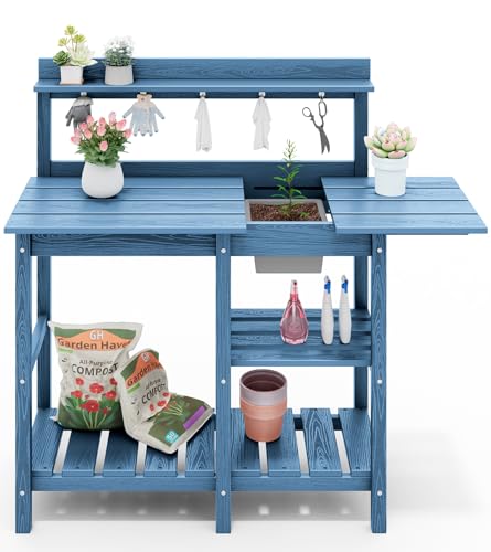 SERWALL Potting Table Outdoor Potting Bench with Sink, HDPE Potting Benches for Outside All Weather Use- Blue SERWALL
