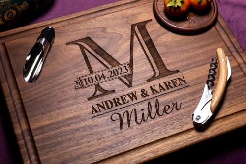 Straga Personalized Cutting Boards | Handmade Wood Engraved Charcuterie | Custom Wedding, Anniversary, Housewarming Gift for Couples Monogram Designs - WoodArtSupply