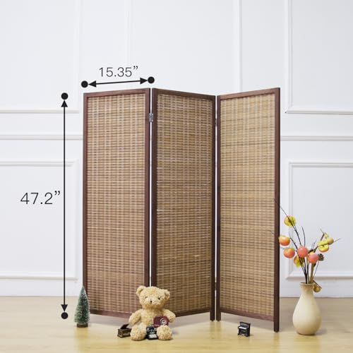 Furnnylane 3 Panel Short Room Divider Screen,Brown Freestanding Partition,Small Bamboo Panel Divider for Room Seperation,3.95 FT Tall Furnnylane