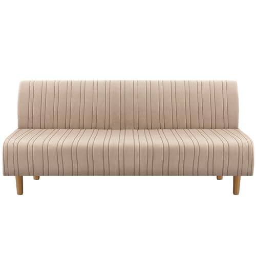 H.VERSAILTEX Stretch Futon Slipcover Armless Sofa Cover Furniture Protector Without Armrests Slipcover Soft with Elastic Bottom for Kids, Spandex Jacquard Modern Stripe Design, Sand H.VERSAILTEX