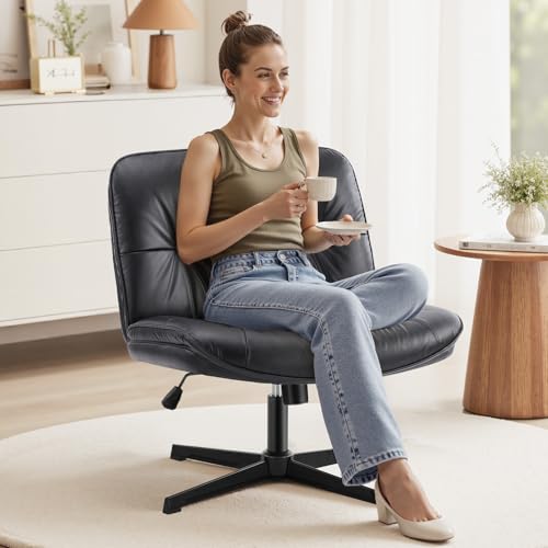 OLIXIS Criss Cross Chair Without Wheels, Cross Legged Office Chair, Armless Wide Vanity Desk Chair with Comfy PU Leather& Back - Swivel for Home Office Bedroom, Black OLIXIS