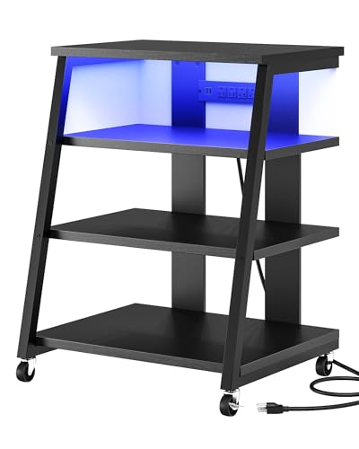 CHOEZON 4-Tier AV Media Stand with Wheels, Stereo Stands, Media Console Shelf with Power Strips, LED Lights, Wooden Audio Cabinet Rack Tower for Record Player/Apple TV/ps4, Black TCJ60UDBB CHOEZON