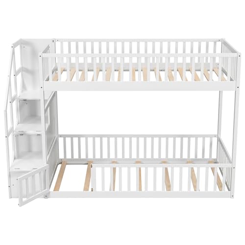 SOFTSEA Twin Over Twin Floor Bunk Bed with Storage Stairs, Solid Wood Low Bunk Bed Frame with Door & Guardrails, Space-Saving Stairway Bunk Beds for Kids Teens & Adults, White SOFTSEA