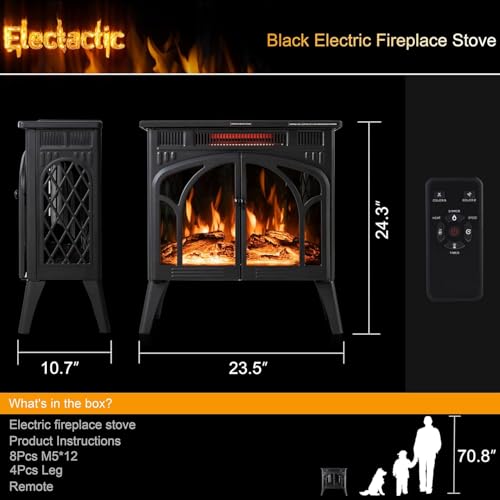 Electactic 24Inch Electric Fireplace Stove, Free-Standing Infrared Fireplace Stove, Controllable 3D Flame, 4 Variable Flame&Log Colors, 1500w, 5100BTU,TC(50℉-99℉),Black,23.5" L X 10.7" W X 24.3" H Electactic