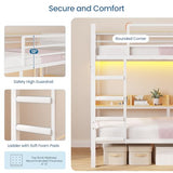 Twin Over Twin Bunk Bed with 6 Storage Drawers & 3 Boxes, Dual Side Shelves, Twin Bunk Beds for Kids with LED Lights and Charging Station, Heavy Duty Metal Bunk Bed with Safety Guardrail and Ladder mojiasion